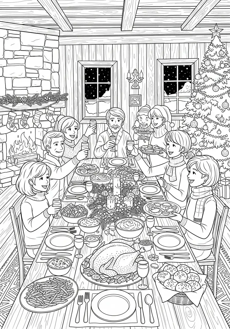 kerstdiner in rustieke berghut kleurplaat