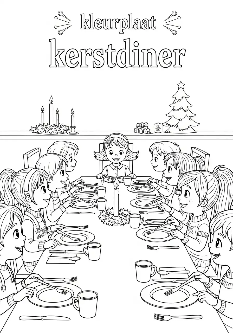 kerstdiner titelpagina met kinderen kleurplaat