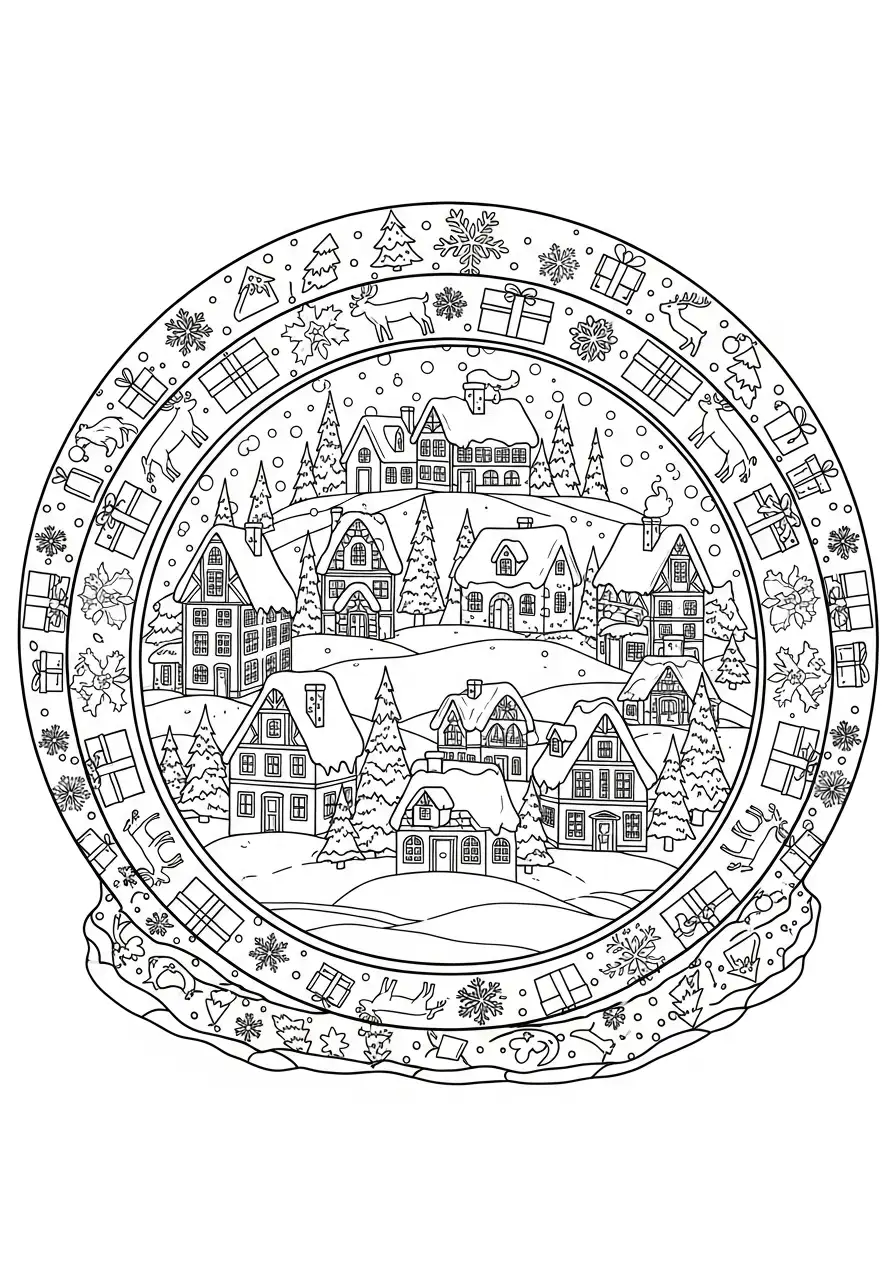 kerstdorp sneeuwbol kleurplaat