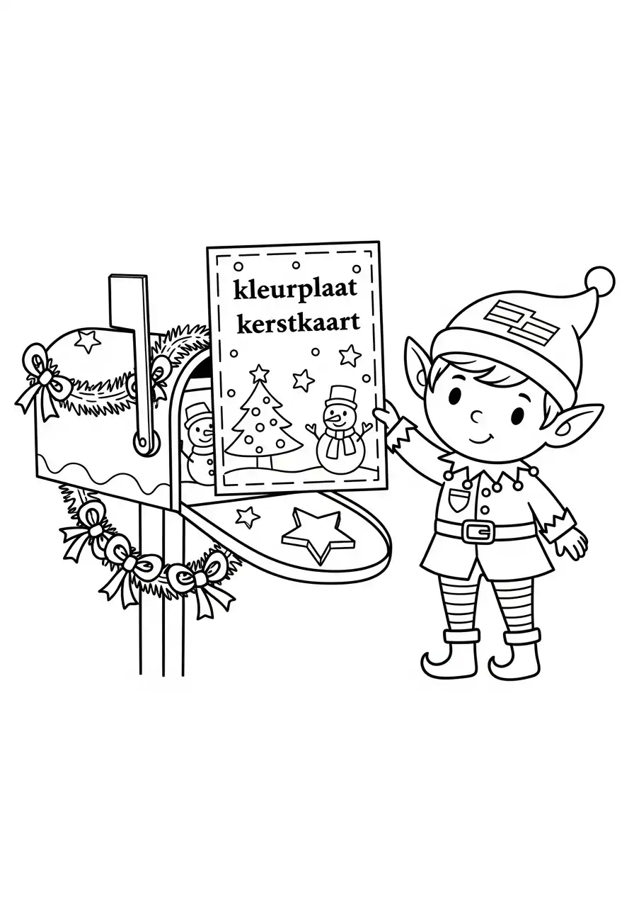 kerstelfje met kaart bij versierde brievenbus