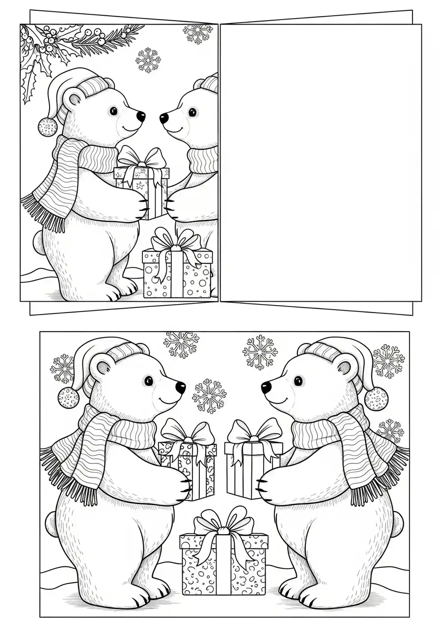 kerstkaart ijsberen geven cadeaus sneeuw