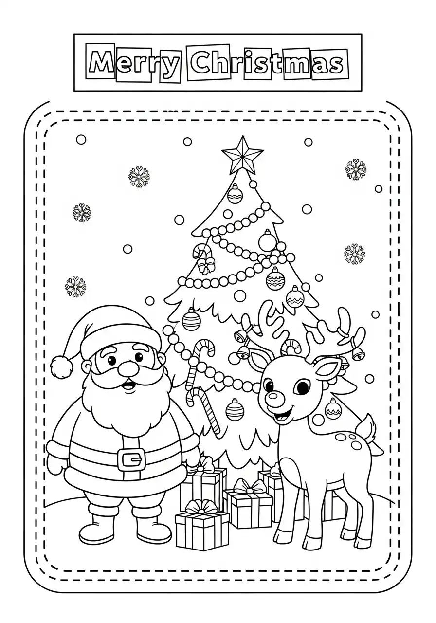 kerstkaart kerstman en rendier voor de boom