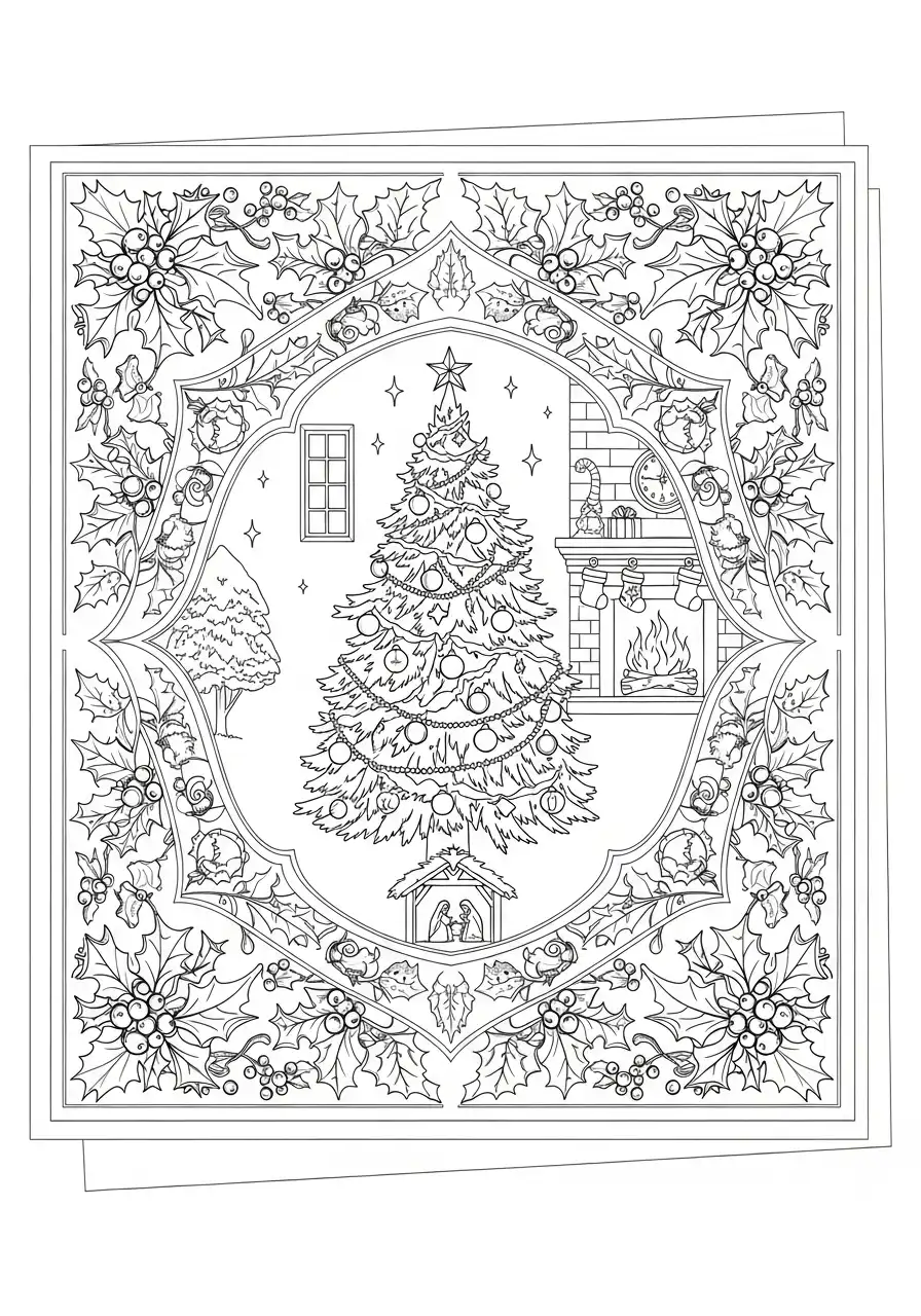 kerstkaart met hulstlijst en kersttafereel