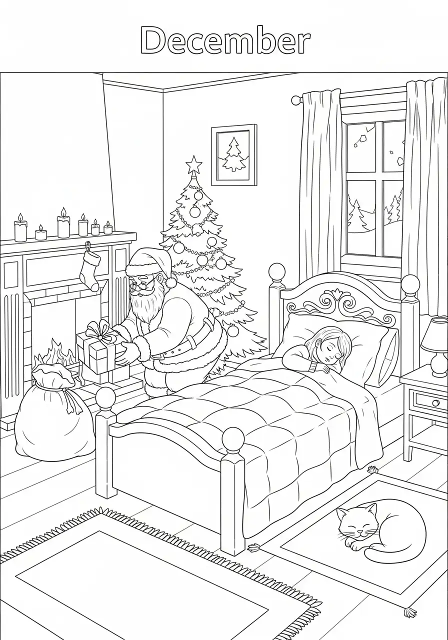 kerstman brengt cadeaus slaapkamer kleurplaat