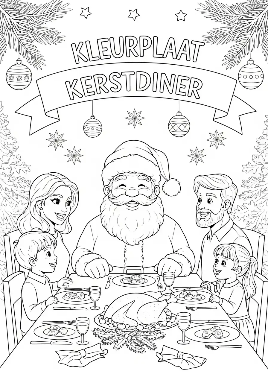 kerstman eet mee met het gezin kleurplaat