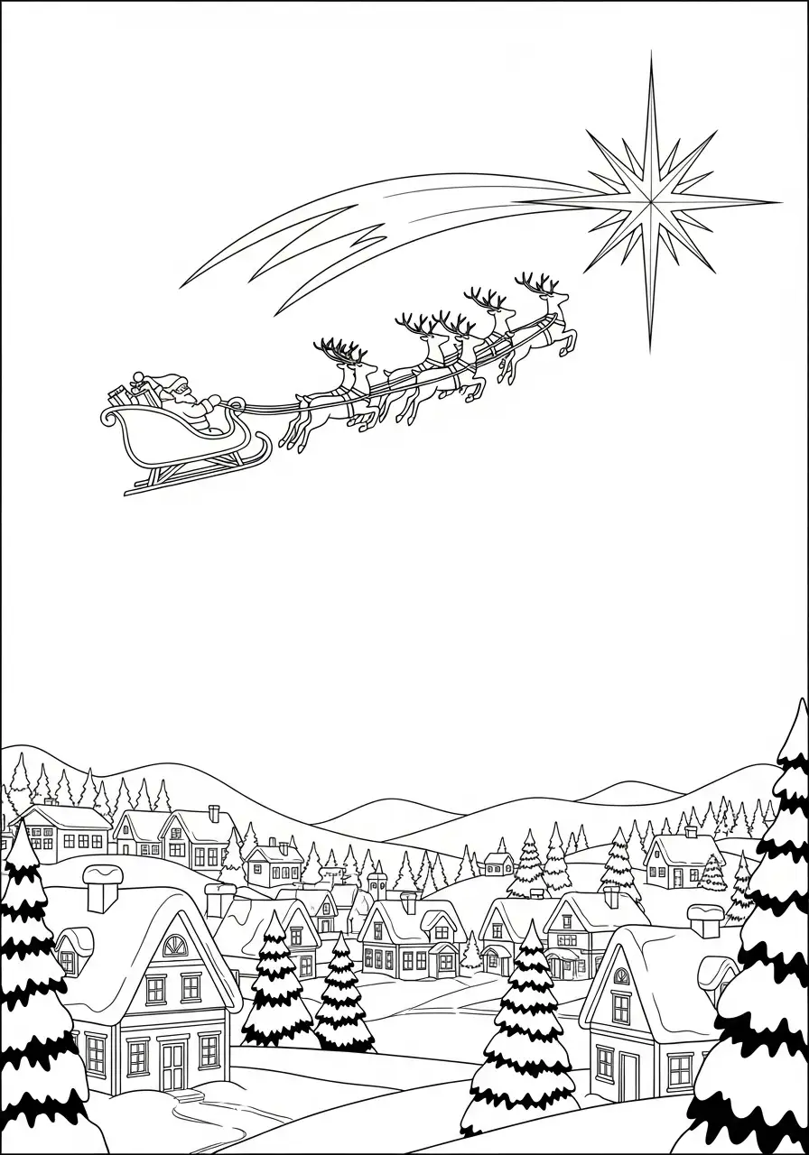 Kerstster Kleurplaat 29 kerstman en slee volgen de ster kleurplaat