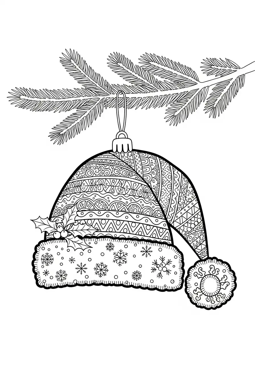 kerstmuts als bal in dennentak kleurplaat