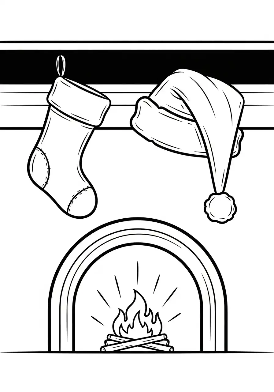 kerstmuts en kous bij openhaard kleurplaat