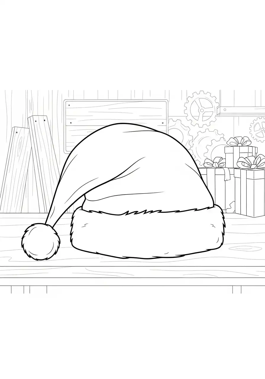 kerstmuts op werkbank kleurplaat