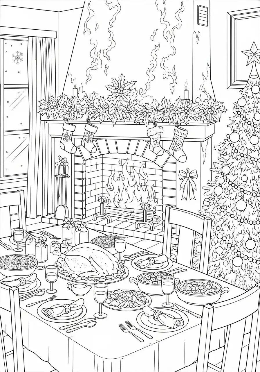 kersttafel bij de open haard en sneeuw kleurplaat