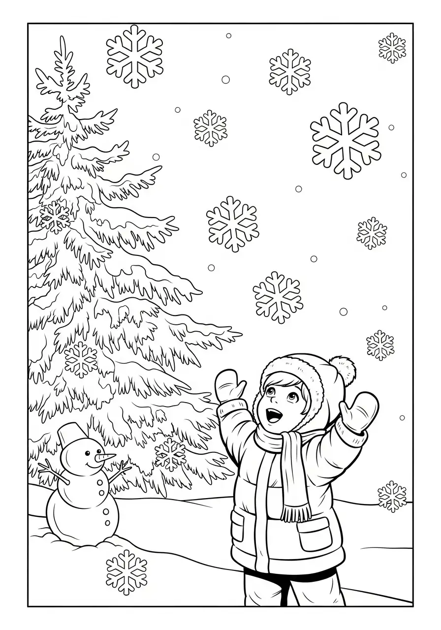 kind kijkt naar sneeuwvlokken kleurplaat