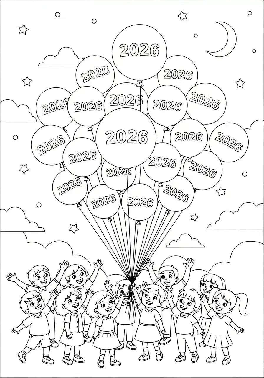 kinderen kijken naar ballonnen 2026 kleurplaat