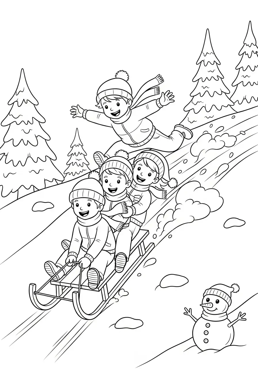 kinderen sleeen heuvel kleurplaat