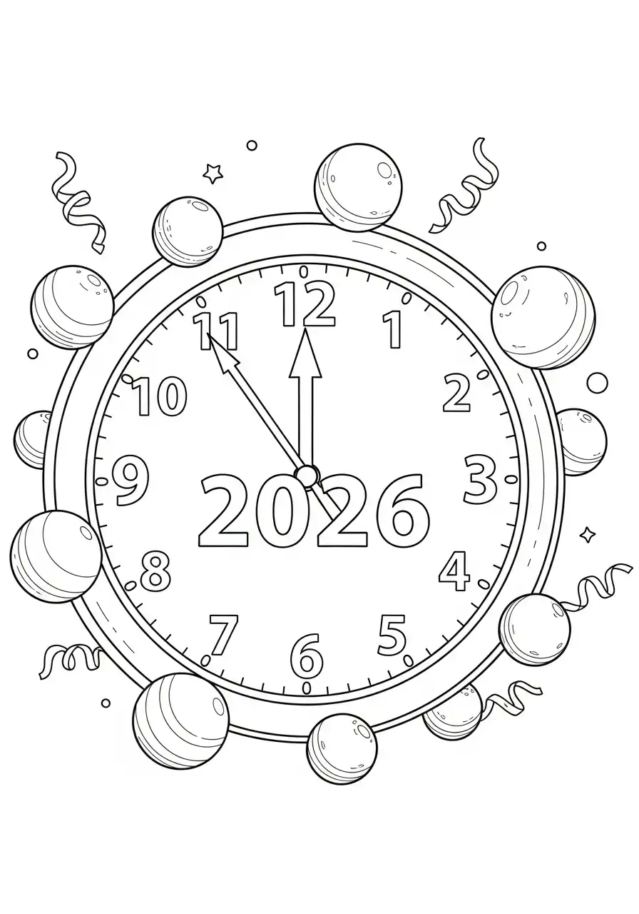 klok nieuwjaarsavond 2026 kleurplaat