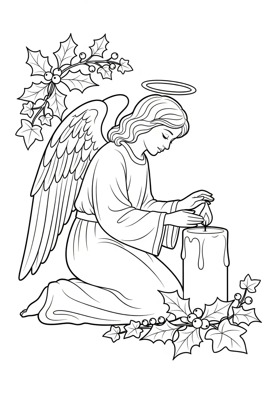 knielende engel steekt kaars aan kleurplaat
