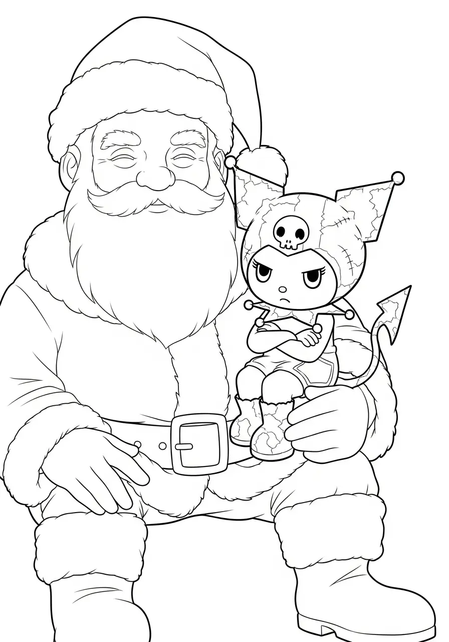 kuromi bij de kerstman op schoot kleurplaat