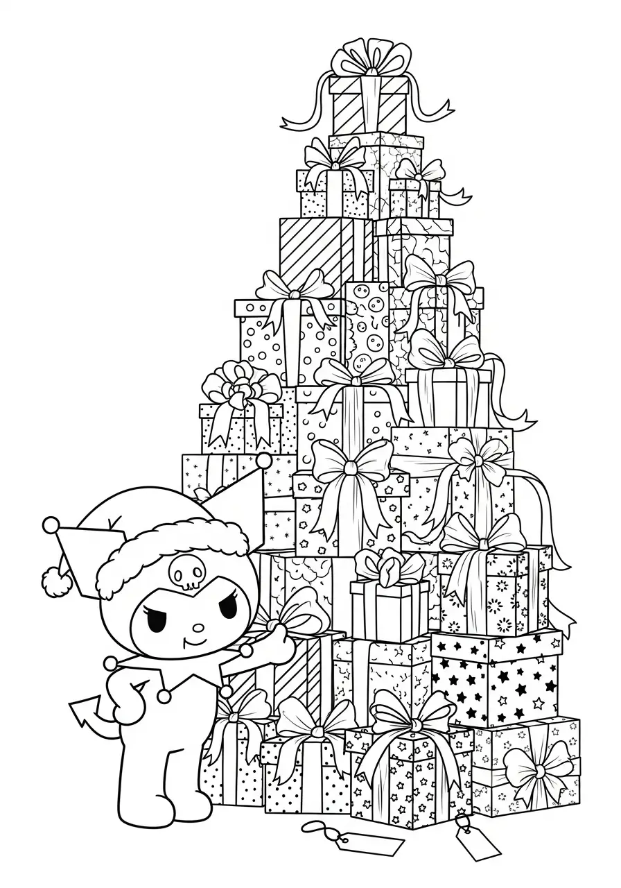 kuromi bij de toren van kerstcadeaus kleurplaat