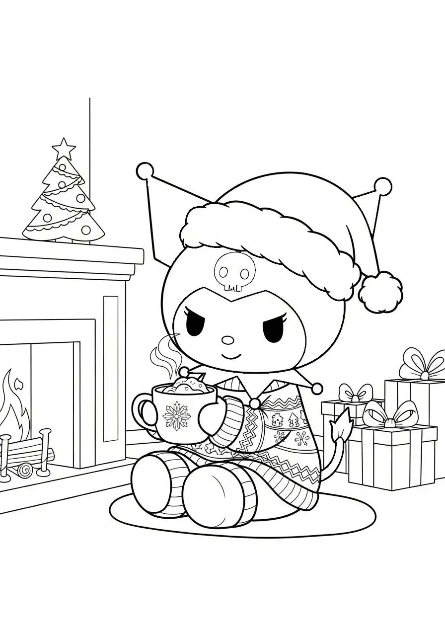 kuromi drinkt chocolademelk bij haardvuur kleurplaat