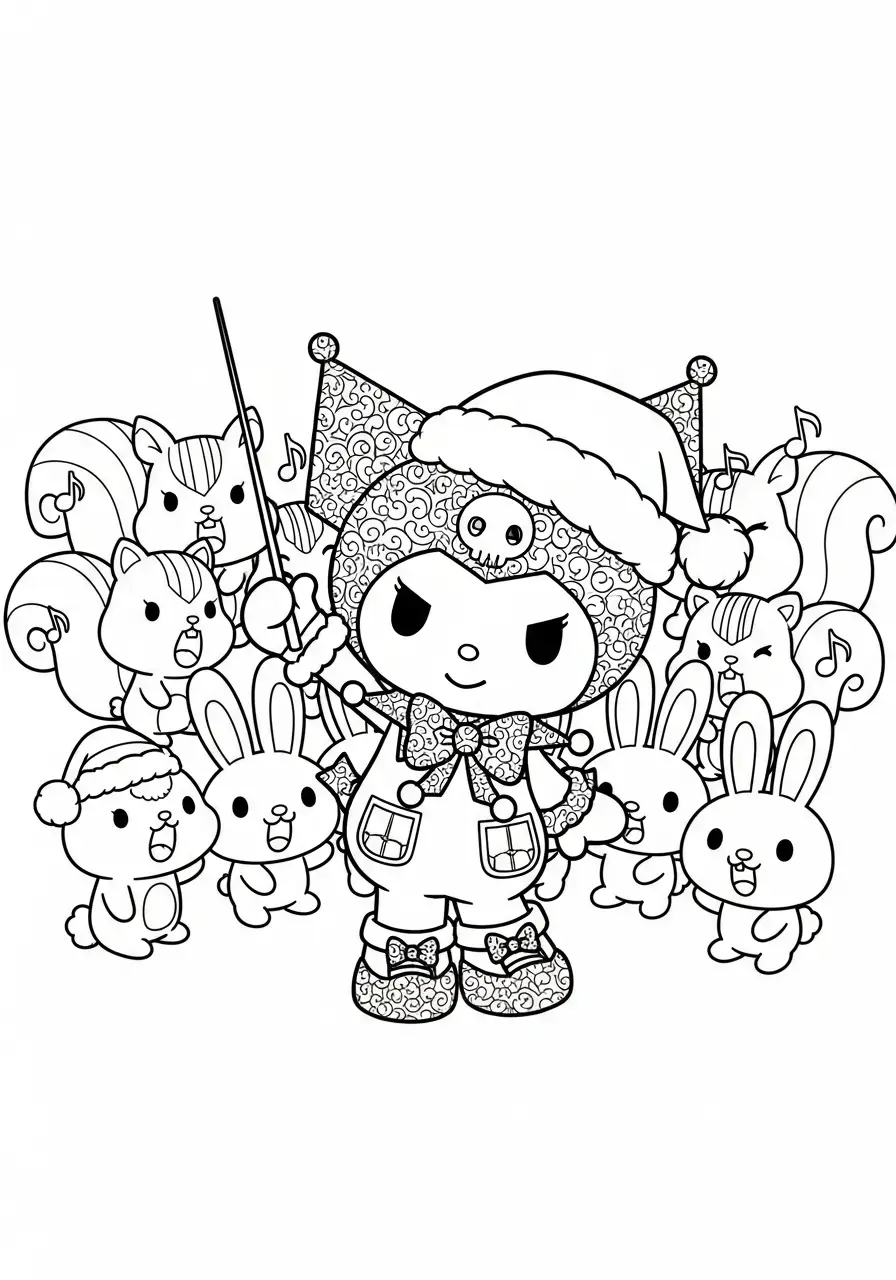 kuromi en het kerstkoor van dieren kleurplaat