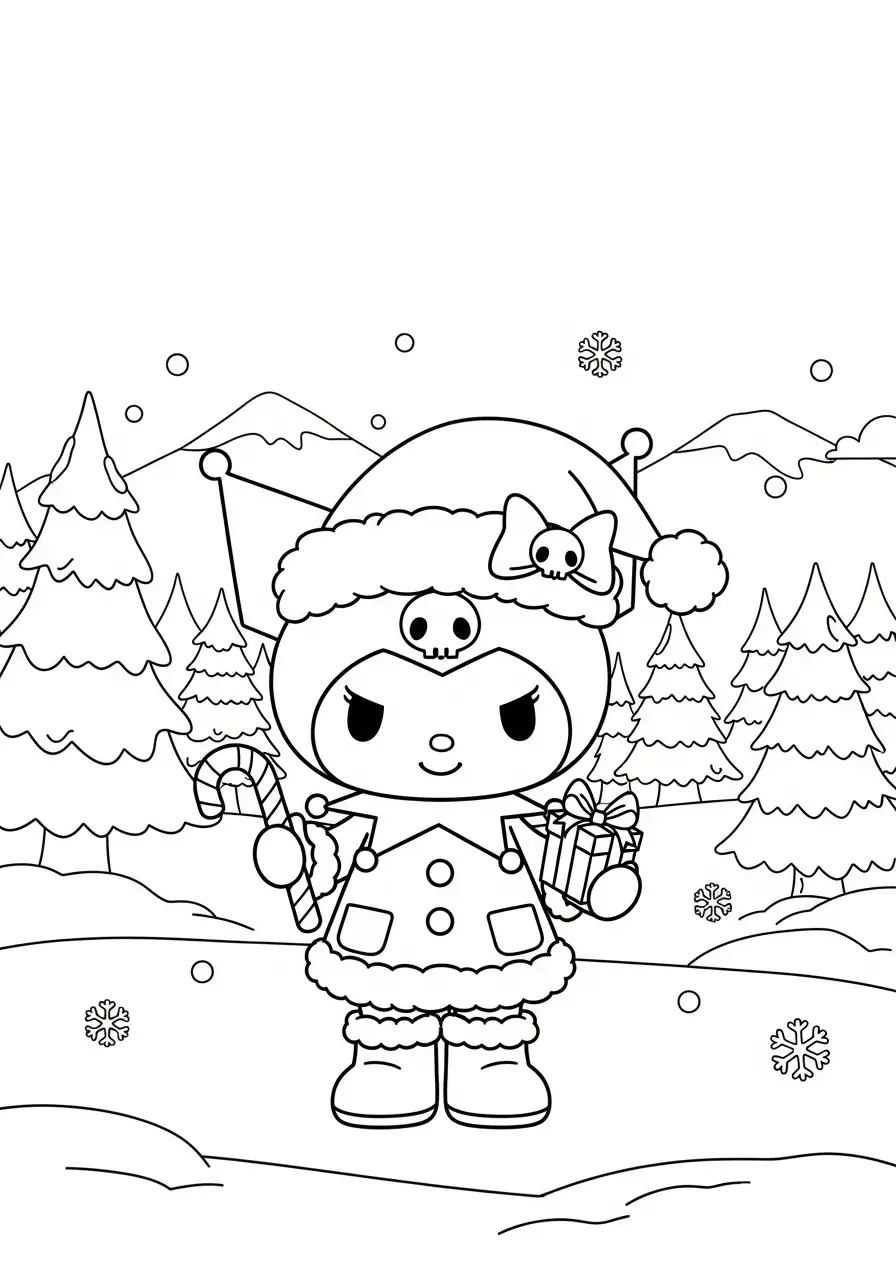 kuromi in de sneeuw met cadeau kleurplaat