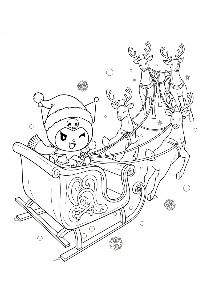 kuromi in kerst slee met rendieren kleurplaat