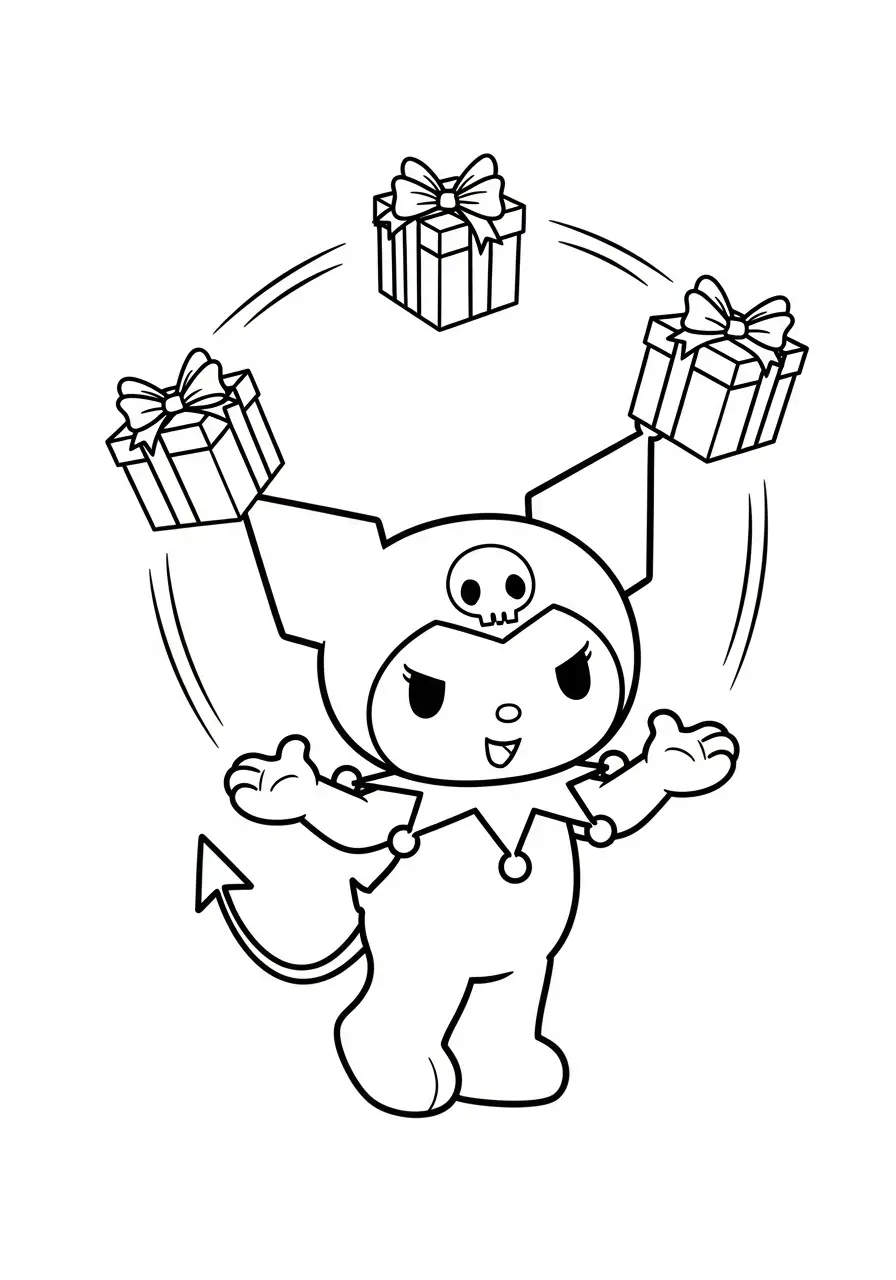 kuromi jongleert met kerstcadeaus kleurplaat