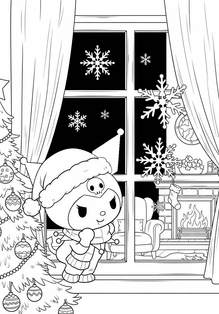 kuromi kijkt naar sneeuwvlokken door raam kleurplaat