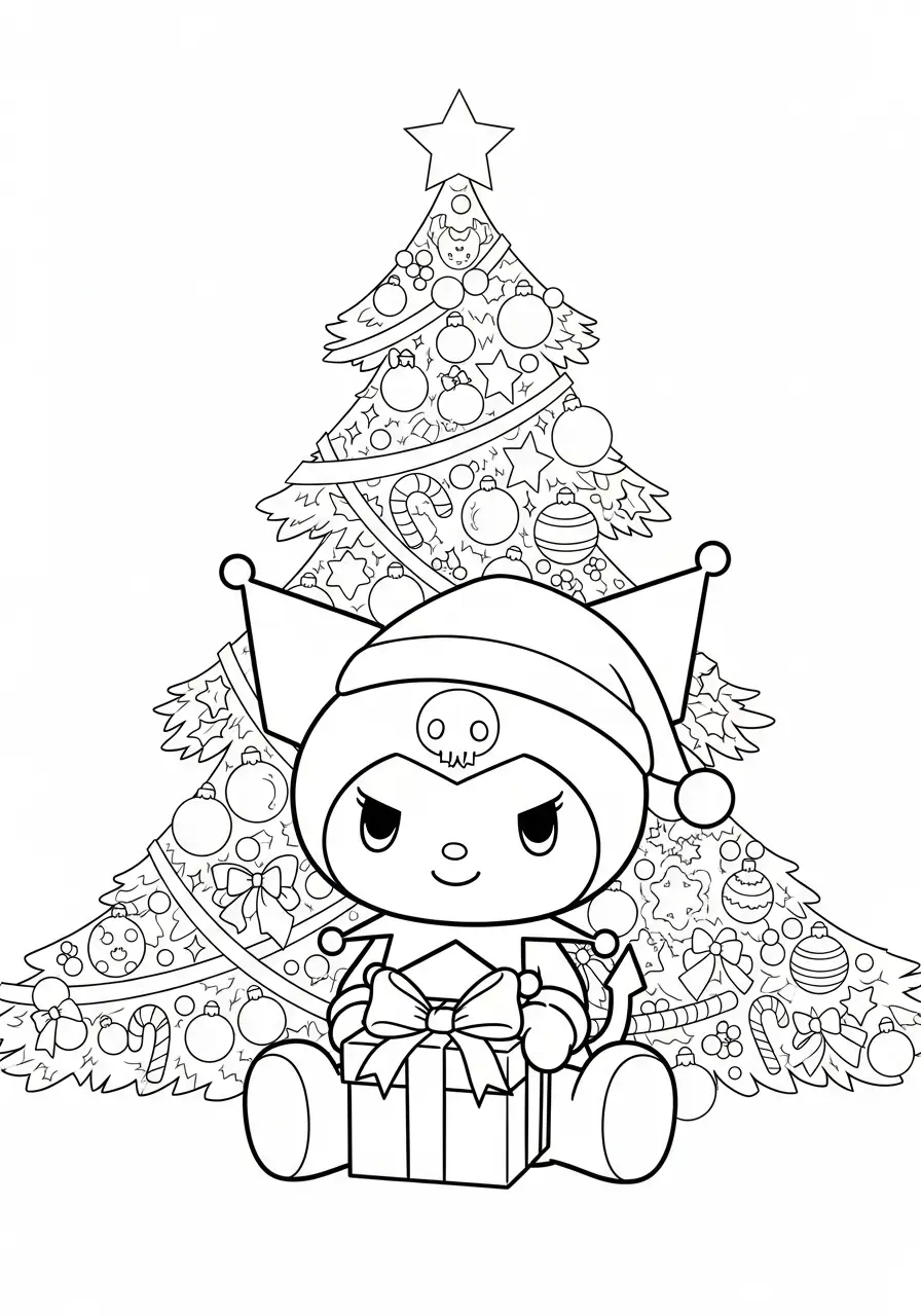 kuromi met cadeau bij kerstboom kleurplaat
