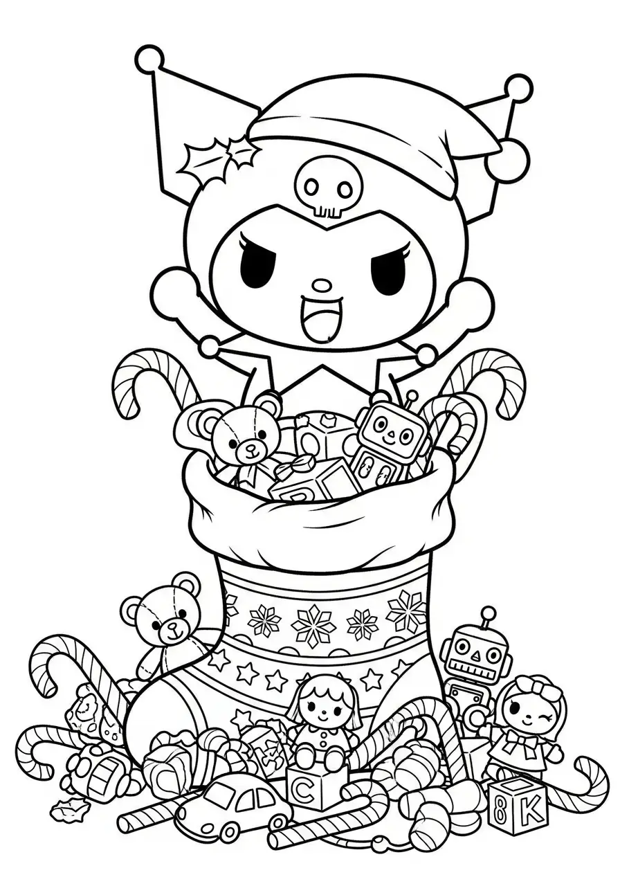 kuromi met kerstsok vol speelgoed kleurplaat