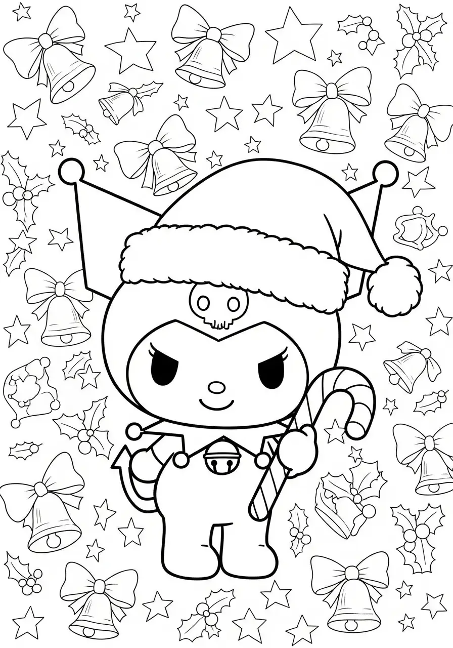 kuromi omringd door kerstbellen kleurplaat