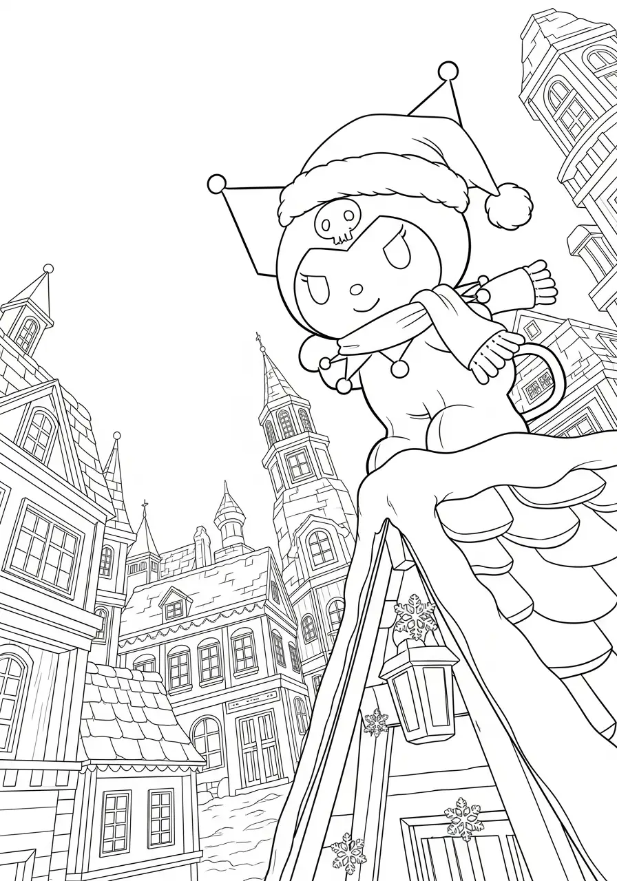 kuromi op een besneeuwd stadsdak kleurplaat