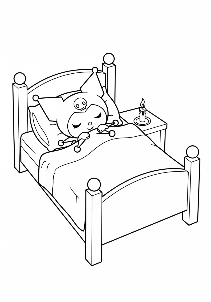 kuromi slaapt in bed kerstavond kleurplaat