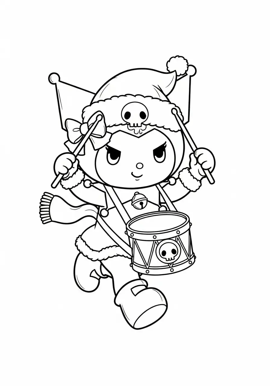 kuromi speelt kerst trommel kleurplaat