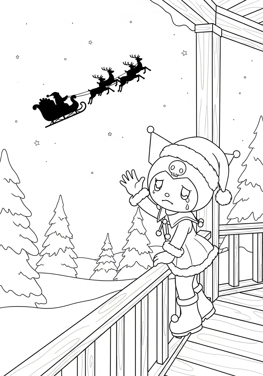 kuromi zwaait naar de kerstman slee kleurplaat