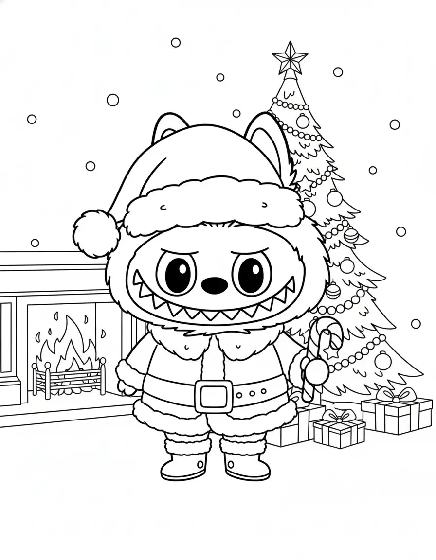 labubu bij brandende openhaard kleurplaat