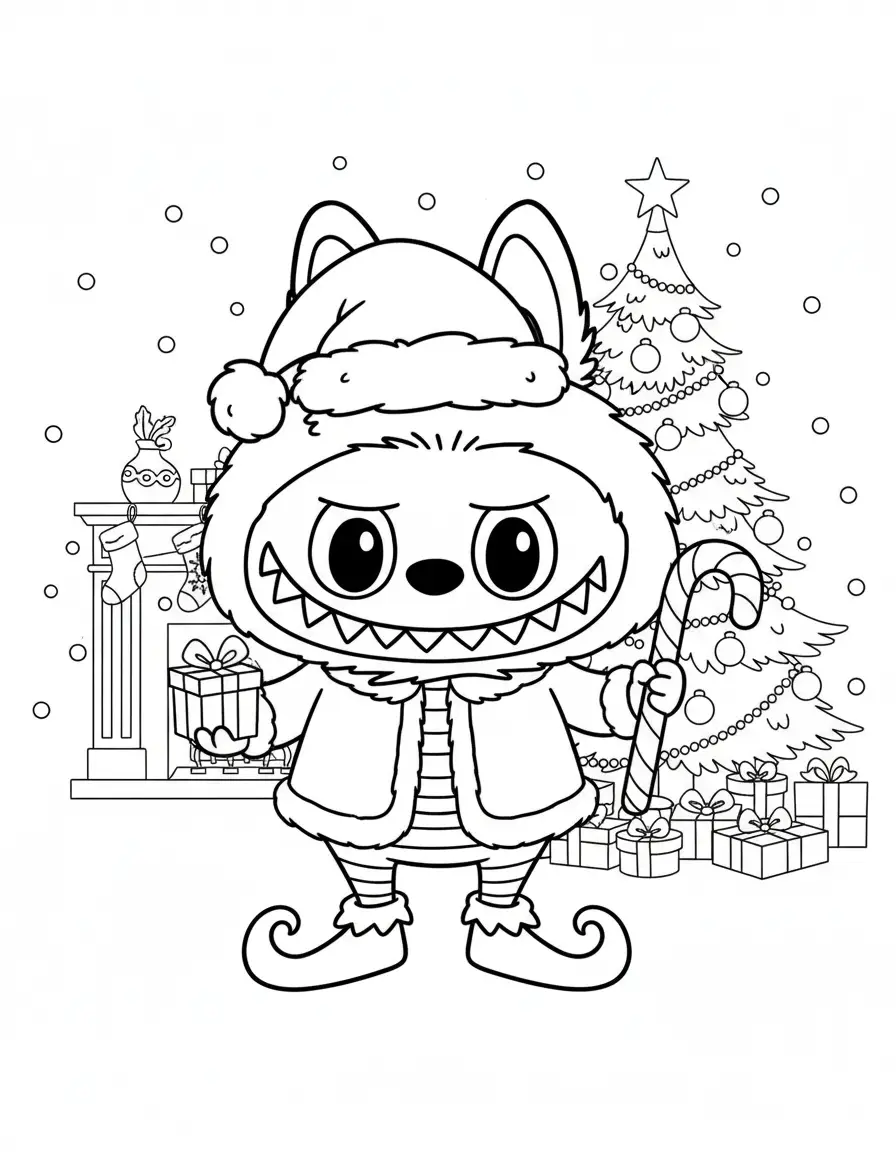 labubu elf bij kerstboom kleurplaat