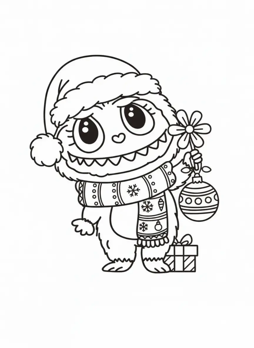 labubu geeft geschenk en zuurtstok kleurplaat