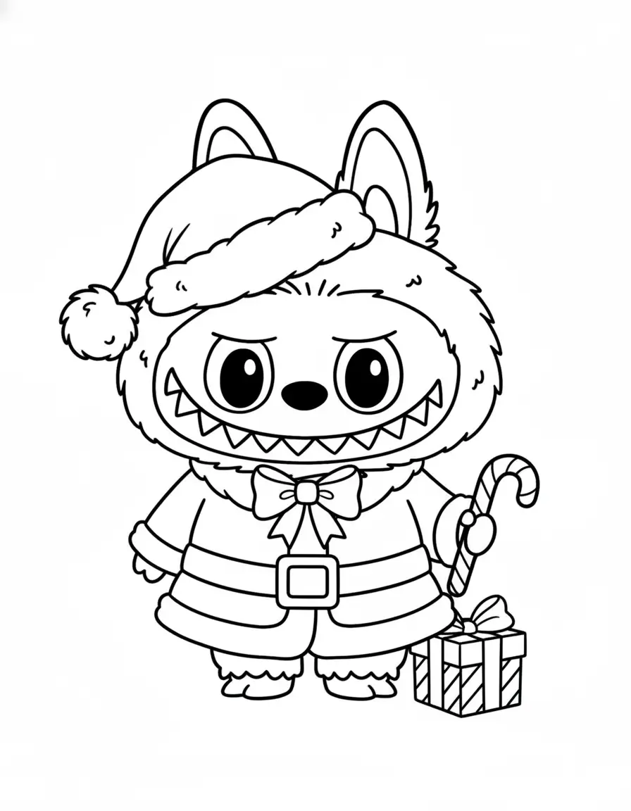 labubu in kerstjas met strik en stok kleurplaat