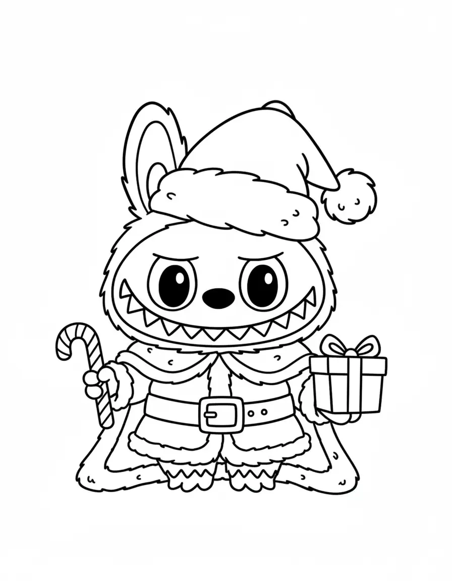 labubu in kerstmantel met cadeau kleurplaat