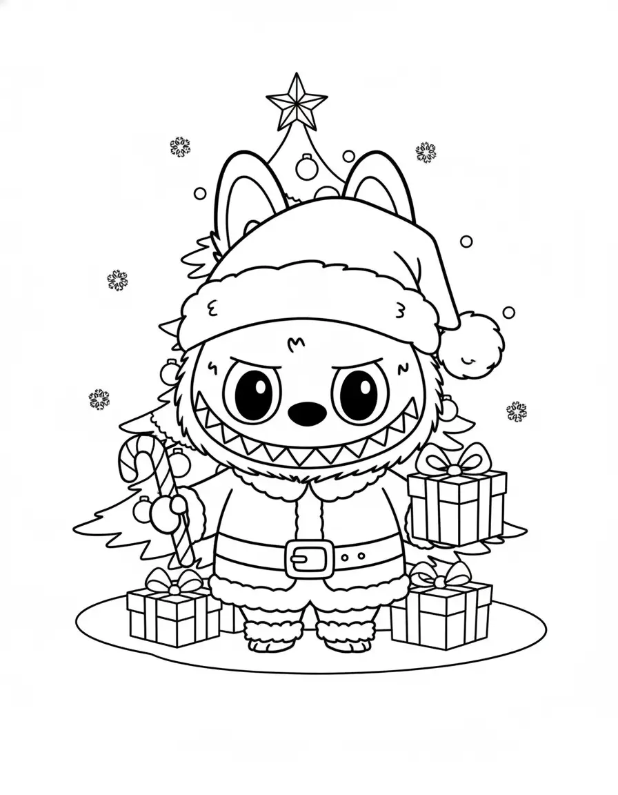 labubu in laarzen met boom kleurplaat