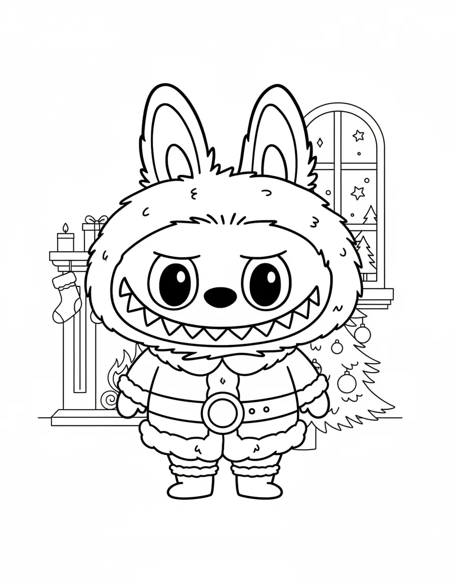 labubu kerstman bij openhaard kleurplaat