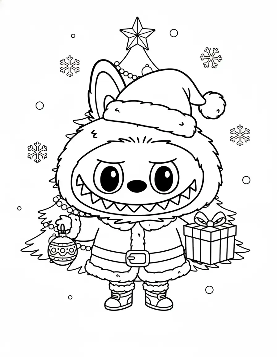 labubu kerstman met kerstbal kleurplaat