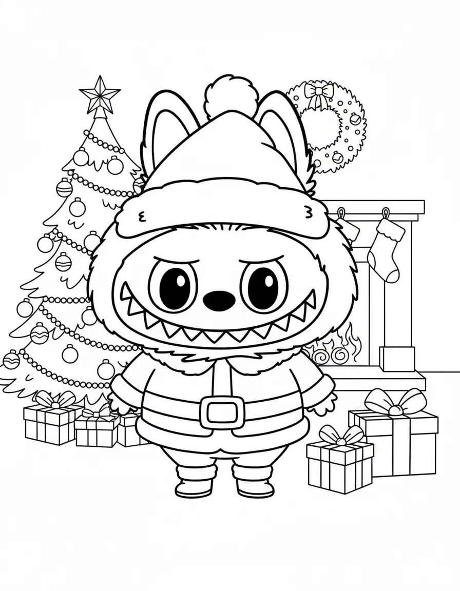 labubu kerstman met krans kleurplaat