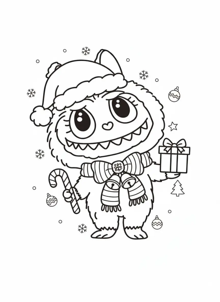 labubu met kerstbal en sjaal kleurplaat