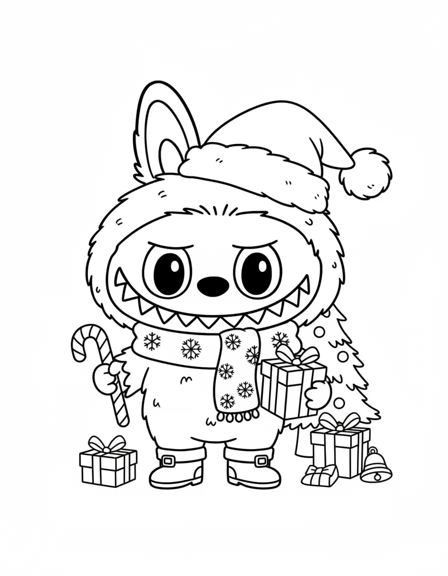 labubu met kerstversiering en sjaal kleurplaat