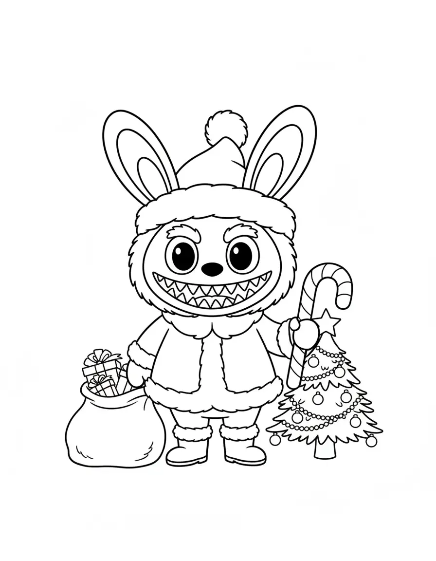 labubu met kerstzak en zuurtstok kleurplaat