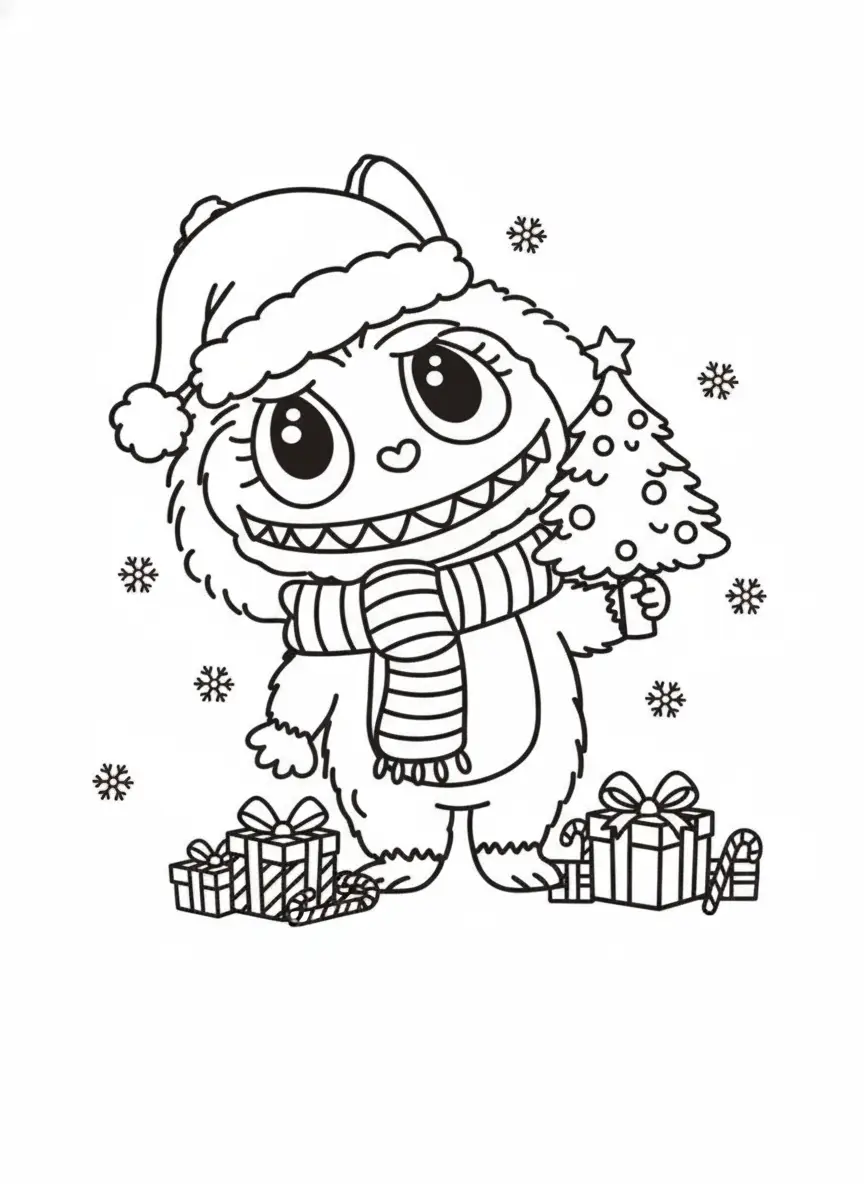 labubu met kleine kerstboom kleurplaat