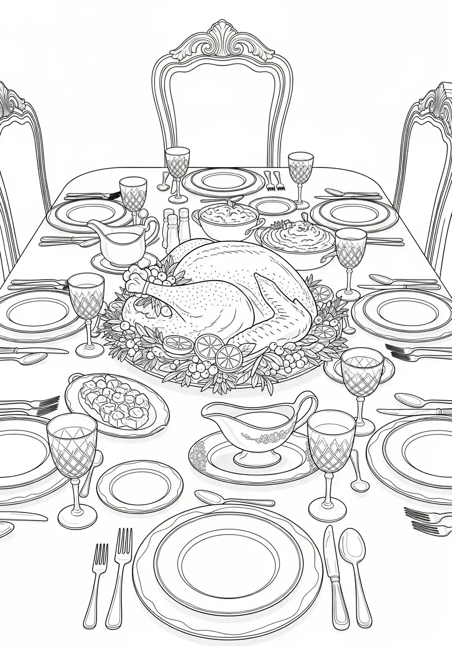 luxe gedekte kersttafel met kalkoen kleurplaat