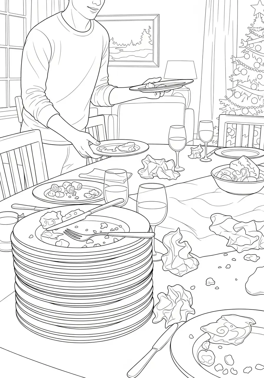 man ruimt de afwas op na het feest kleurplaat