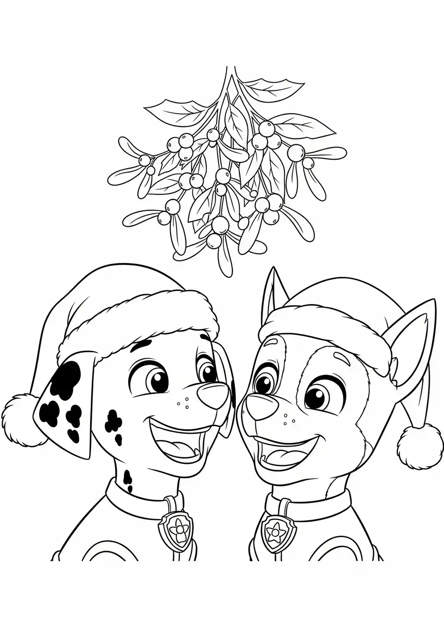 Paw Patrol Kerst Kleurplaat 15 marshall en chase onder maretak kerstmutsen Kleurplaat